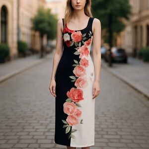 NWT ALEXA B Rose FLORAL PRINT MIDI DRESS STRETCH Sz 8 Scuba Bodycon